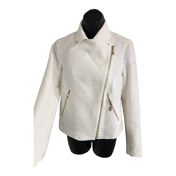 Anne Klein ecru boucle lookโ gold zippered moto jacket blazer size large new - Picture 1 of 17